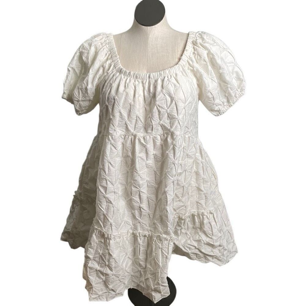 Two Cumberland Womens Mini Dress L White Pintucked Puff Sleeve Tiered Skirt